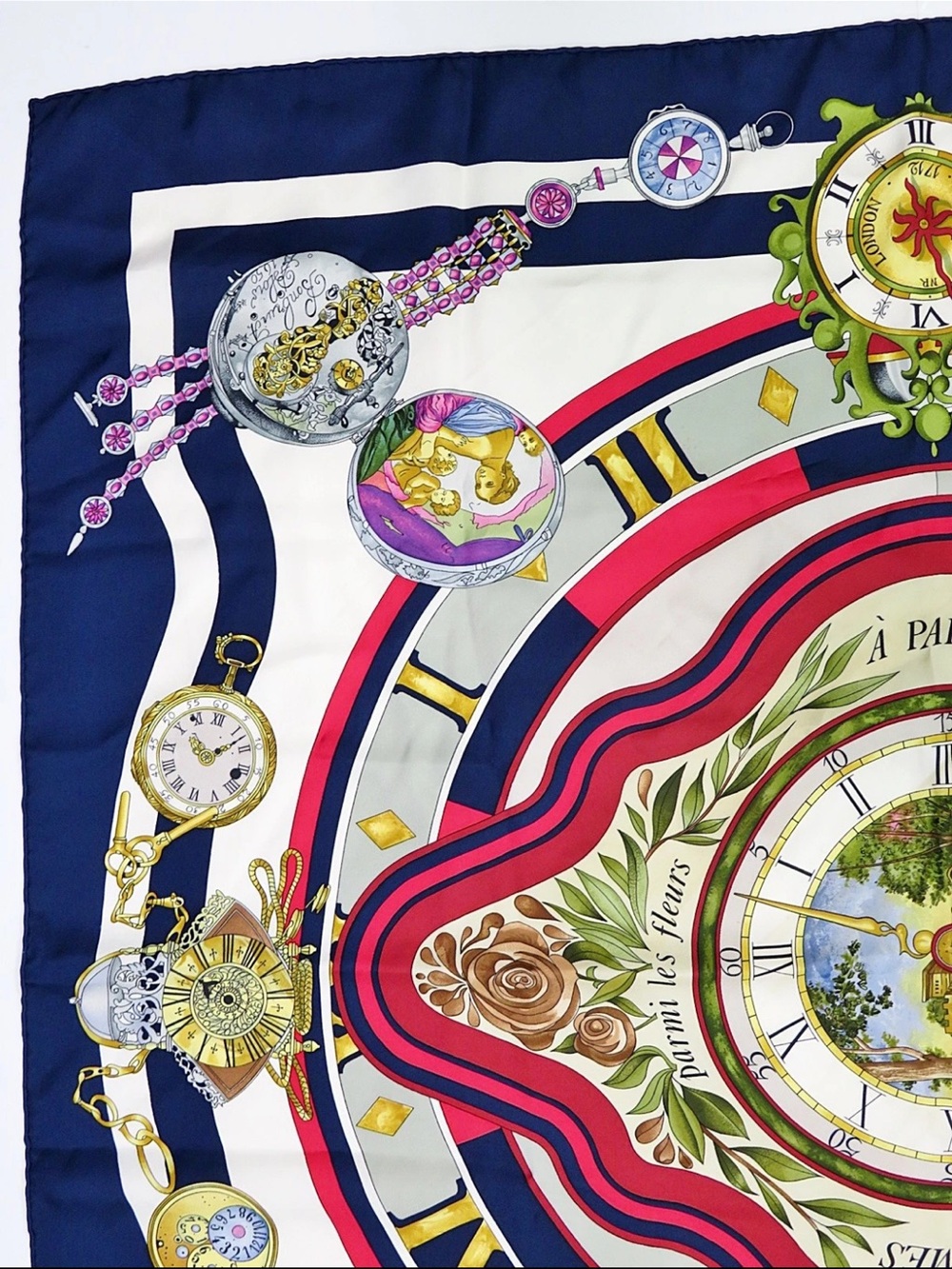 Hermès Navy, Red, Pink & Gold Clock Motif Silk Scarf - Picture 2 of 13